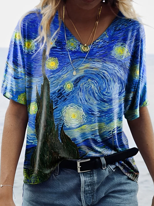 Van Gogh Sterrenhemel T-shirt met print en puntige halslijn