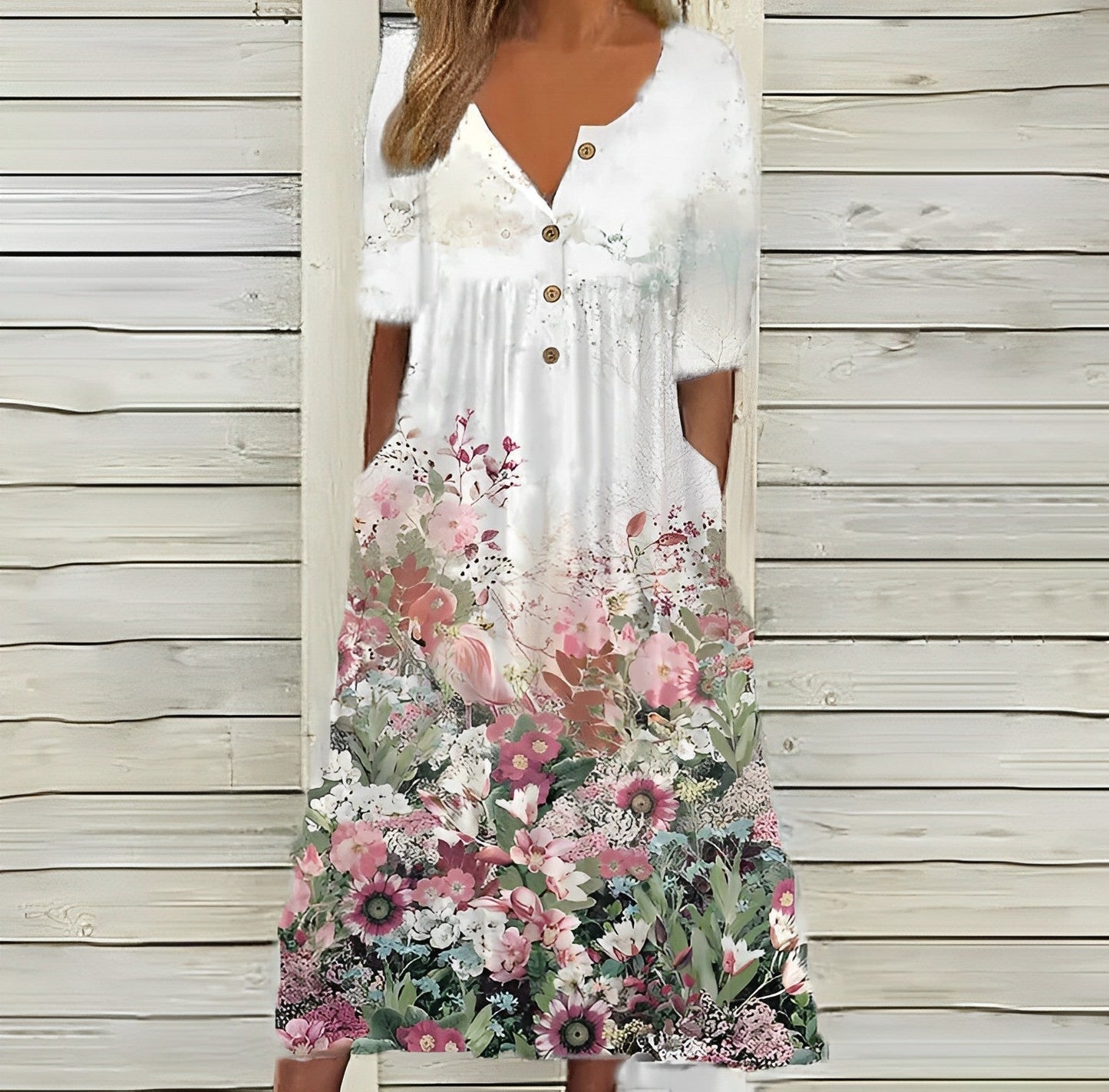 Roze Bloemen Kunst Knoop Zak Midi Dress