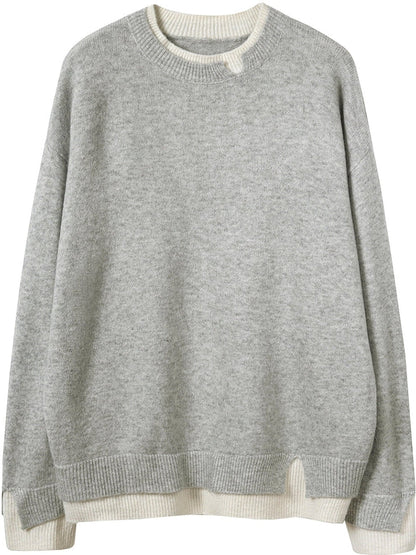 Grijze en Witte Oversized Tweedelige Trui met Uitgesneden Lange Mouwen