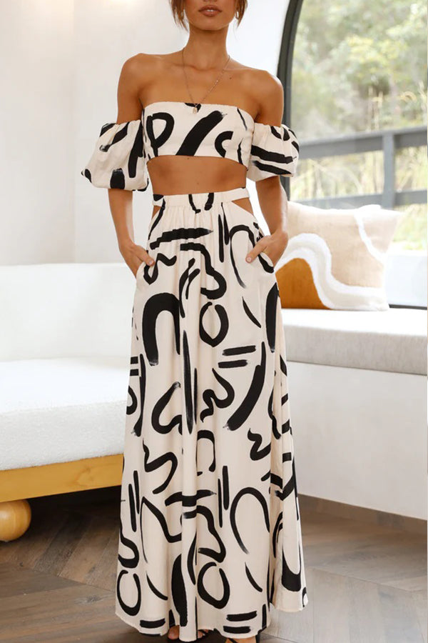 Allegra Doodle Bedrukte off-Shoulder Crop Top En Zakuitsparing Maxi-Rok Set