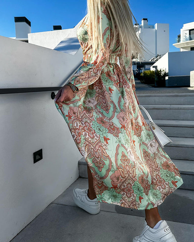 Gebloemde lente Paisley midi-jurk met lange mouwen