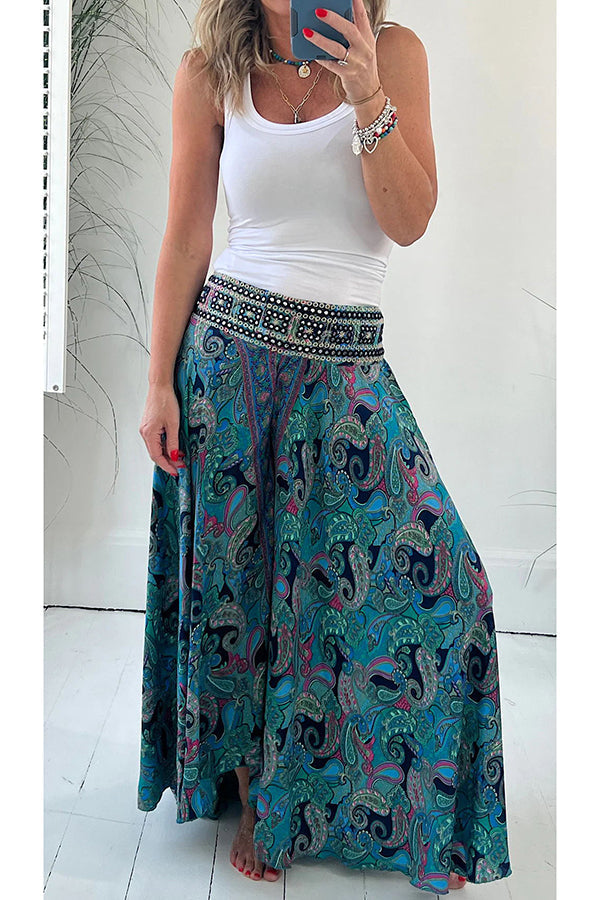 Etnische paisley print elastische patchwork lichtgewicht broek met zakken