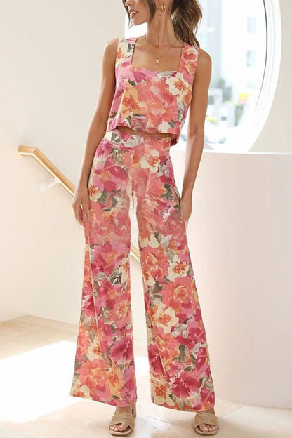 Truly Darling Floral Square Neck Tank og High Rise Wide Leg Pants Set