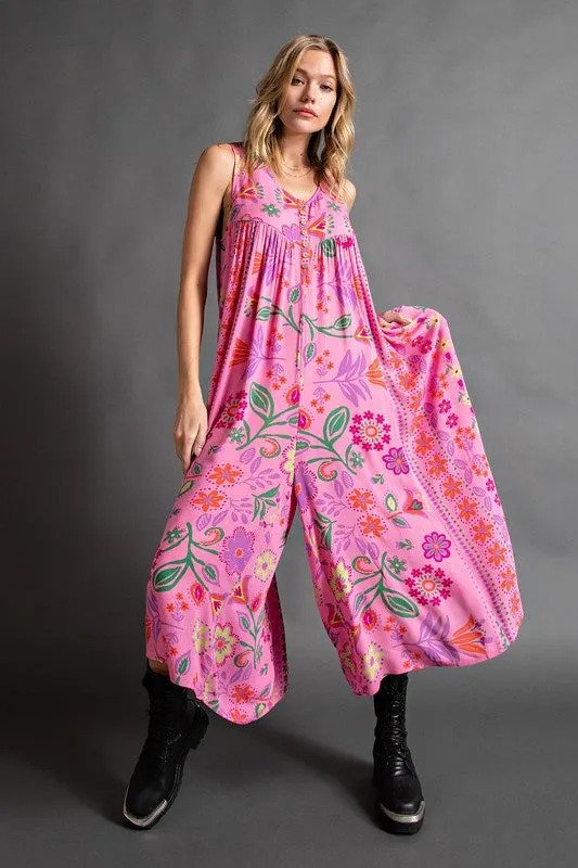 Losse mouwloze jumpsuit met vintage bloemenprint